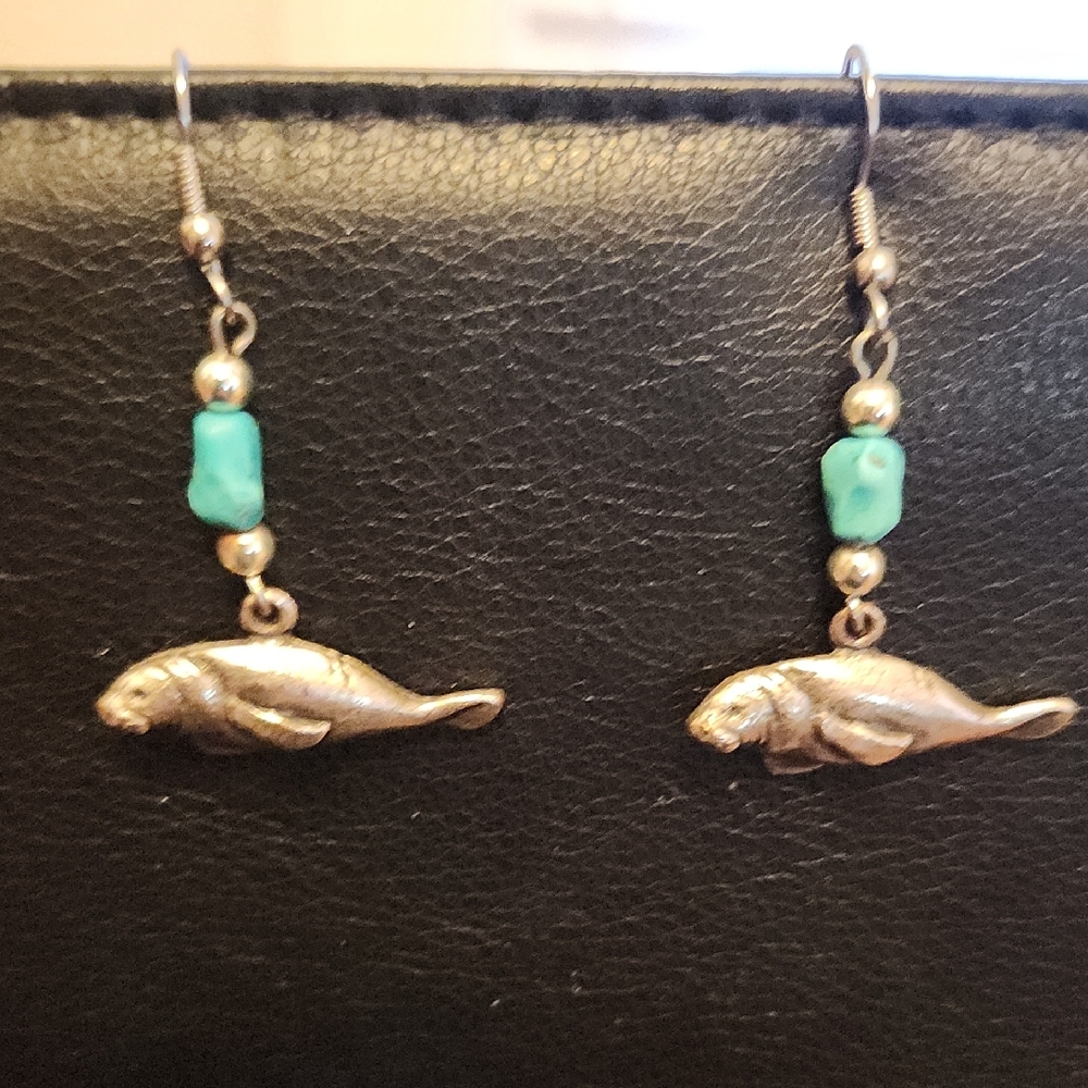 Silver and Turquoise Manatee Earrings